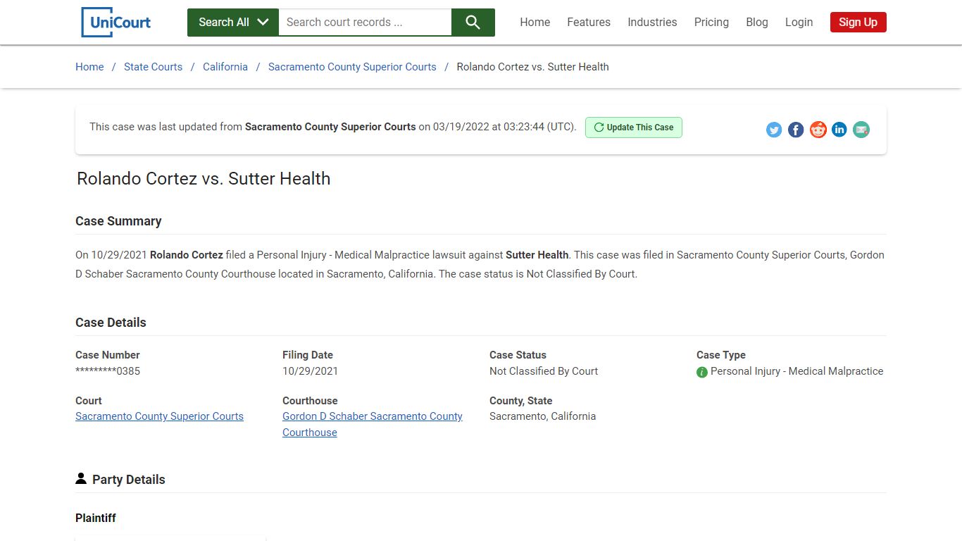 Rolando Cortez vs Sutter Health | Court Records - UniCourt
